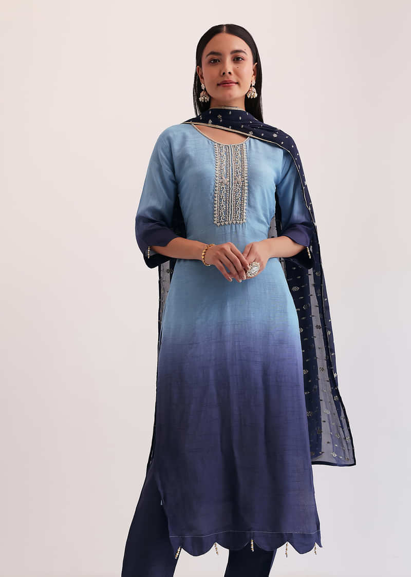 Blue Ombre Embroidered Kurta Set