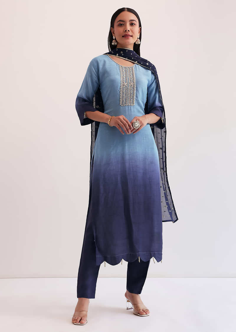 Blue Ombre Embroidered Kurta Set