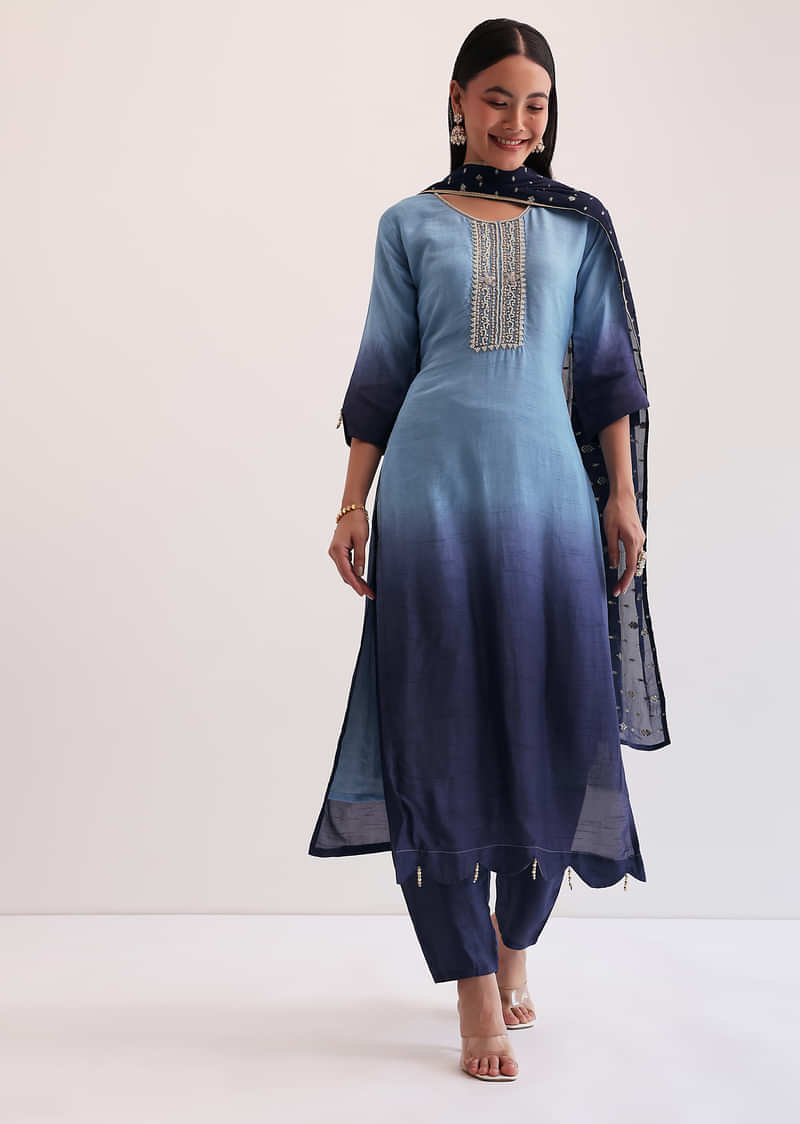 Blue Ombre Embroidered Kurta Set