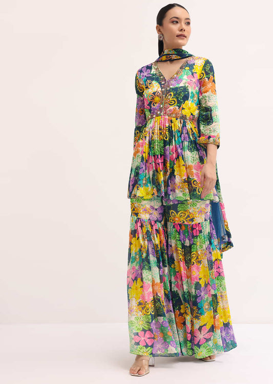 Blue Printed Chiffon Kurta Sharara Set