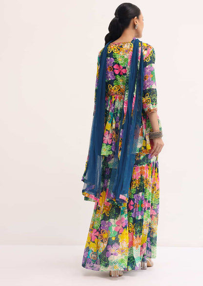 Blue Printed Chiffon Kurta Sharara Set