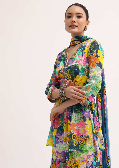 Blue Printed Chiffon Kurta Sharara Set