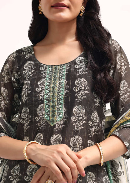 Grey Printed Chanderi Kurta Palazzo Set