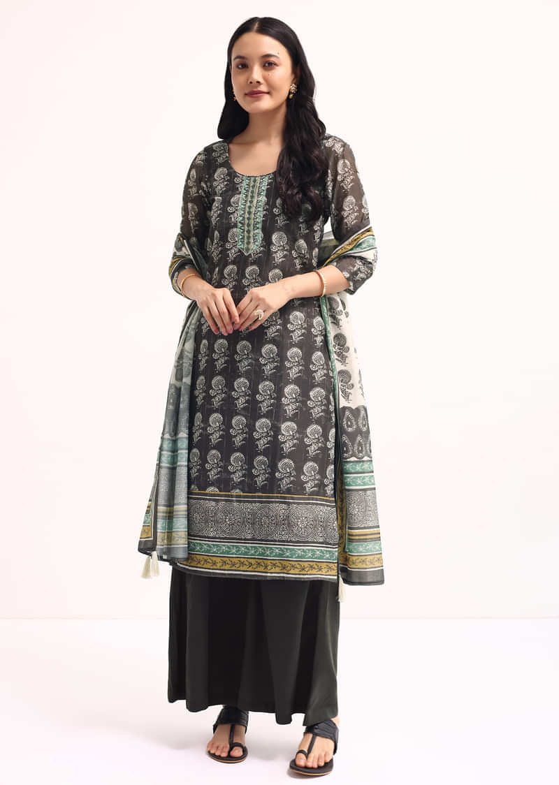 Grey Printed Chanderi Kurta Palazzo Set