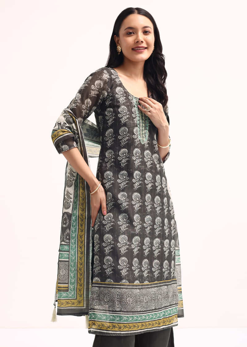 Grey Printed Chanderi Kurta Palazzo Set