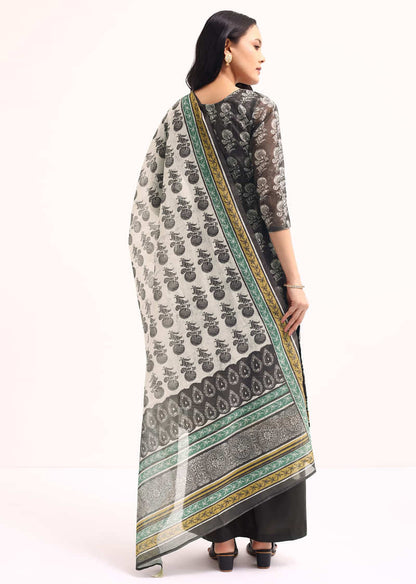 Grey Printed Chanderi Kurta Palazzo Set