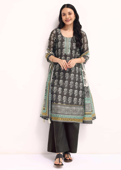 Grey Printed Chanderi Kurta Palazzo Set