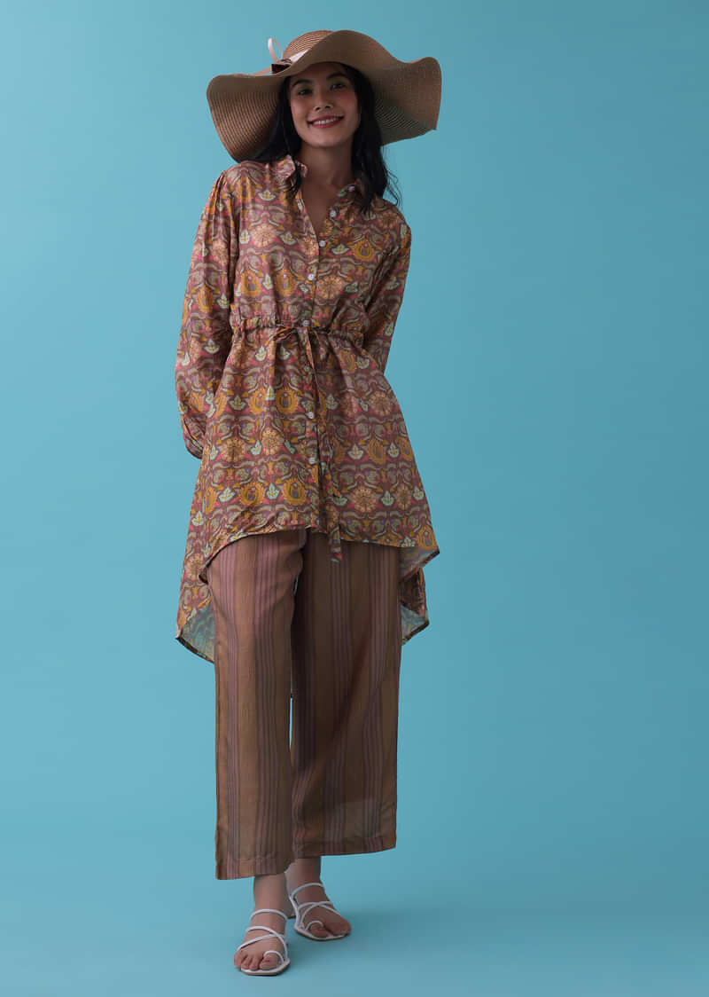 Chocolate Brown Printed Co-ord Palazzo-Kurta Set In Silk