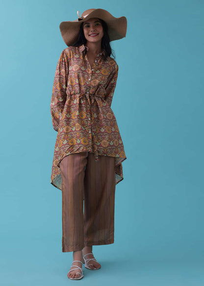 Chocolate Brown Printed Co-ord Palazzo-Kurta Set In Silk