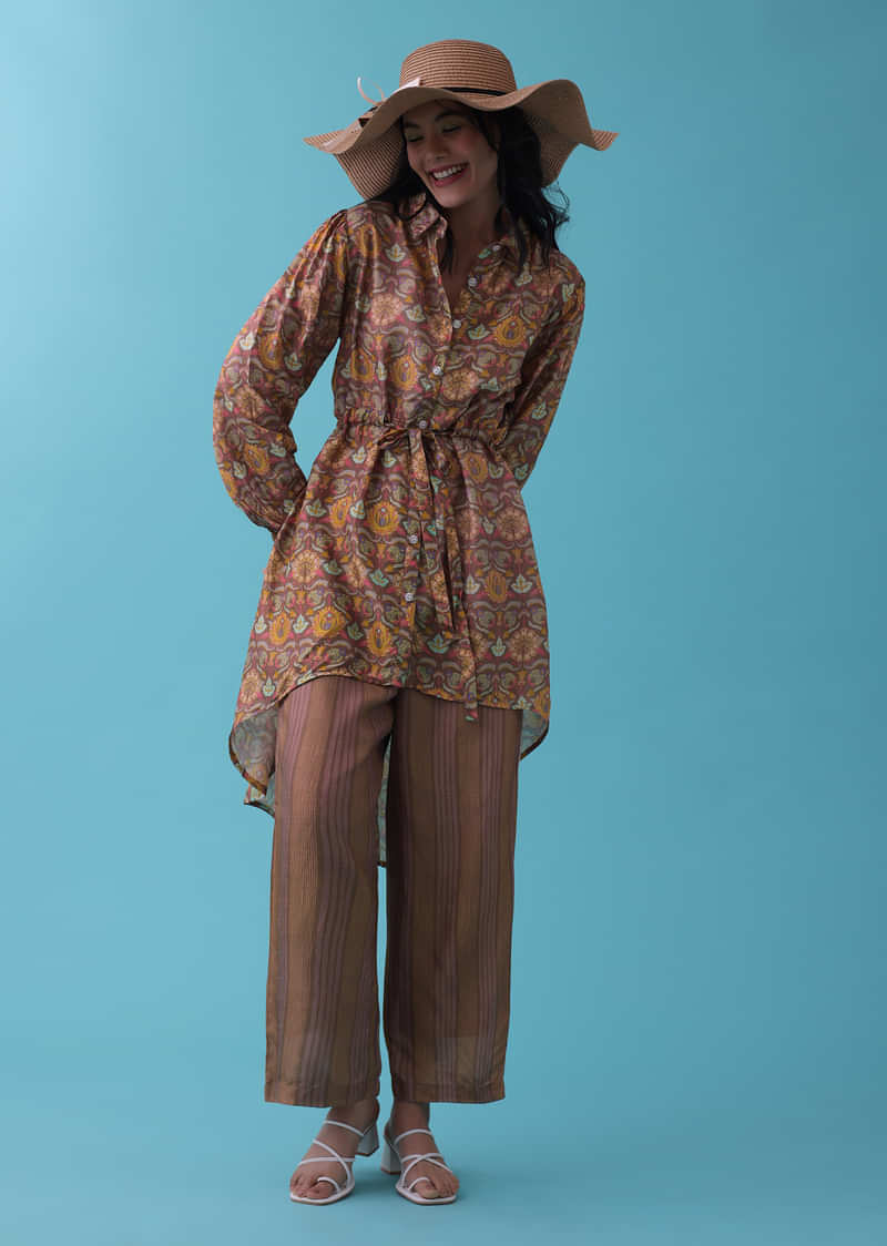 Chocolate Brown Printed Co-ord Palazzo-Kurta Set In Silk