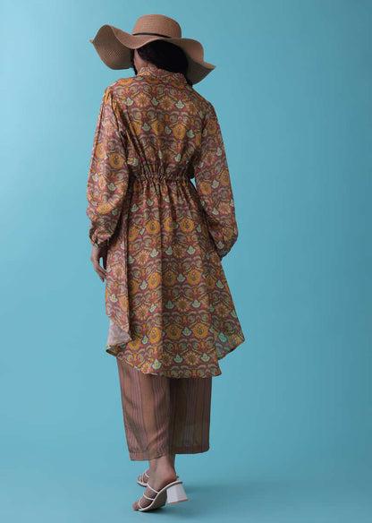 Chocolate Brown Printed Co-ord Palazzo-Kurta Set In Silk