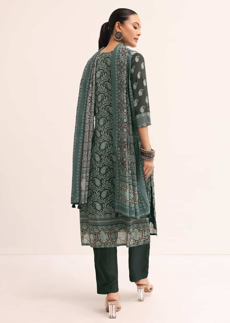 Dark Green Printed Crepe Kurta Set With Dupatta