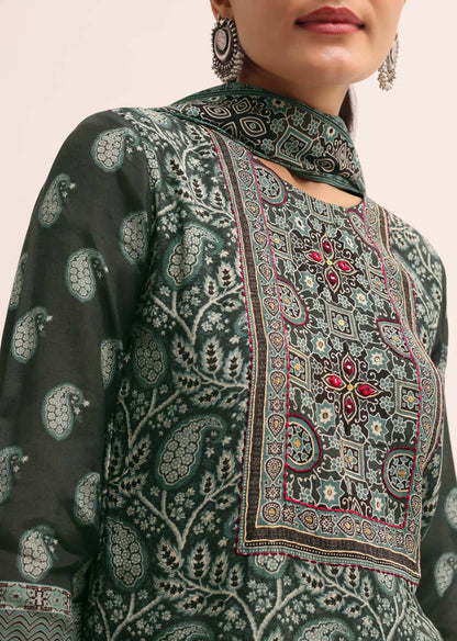 Dark Green Printed Crepe Kurta Set With Dupatta