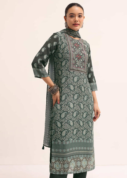 Dark Green Printed Crepe Kurta Set With Dupatta