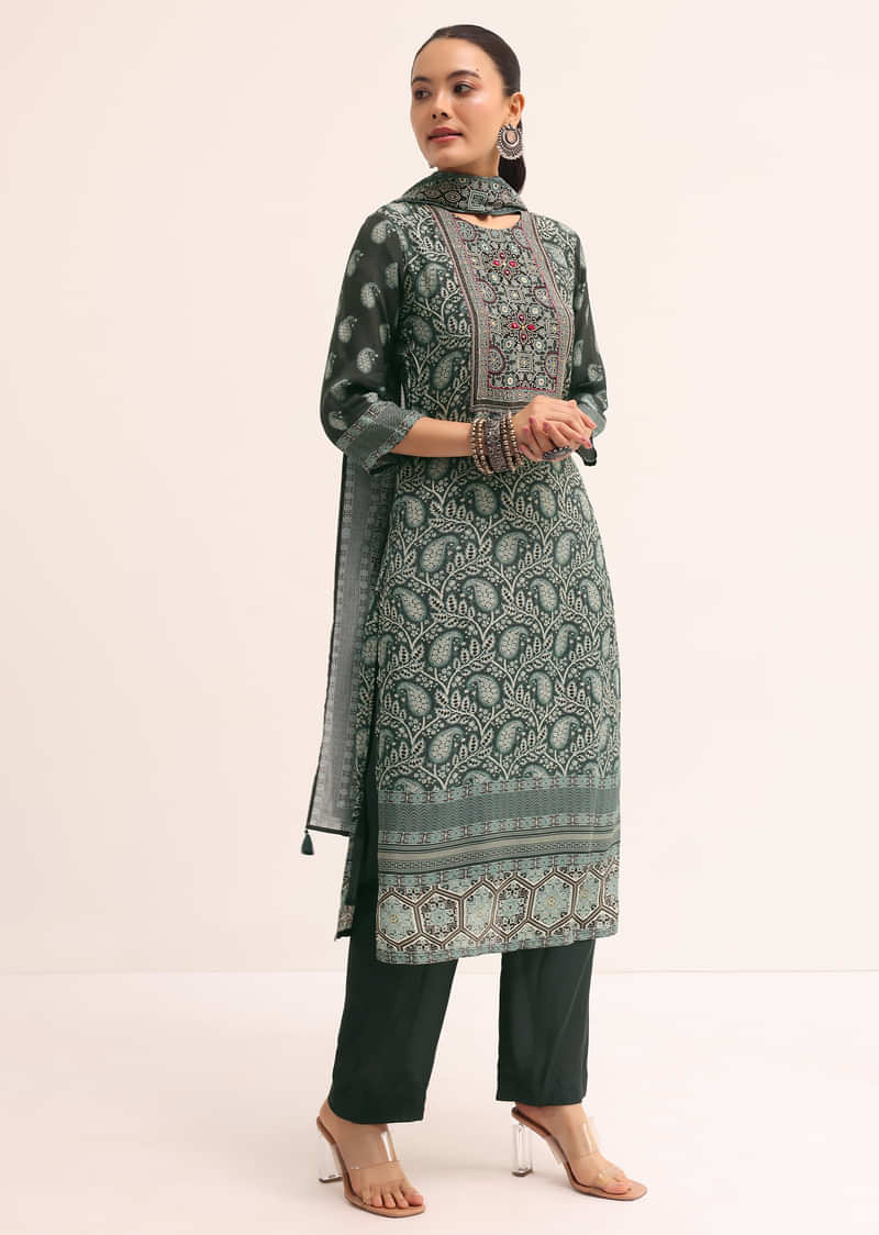 Dark Green Printed Crepe Kurta Set With Dupatta