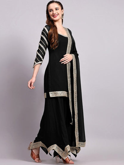 Embroidered Pakistani Style Kurta With Palazzo & Dupatta