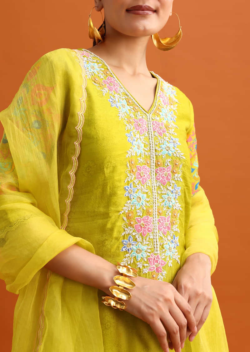 Green Cutdana Embroidered Kurta Palazzo Set