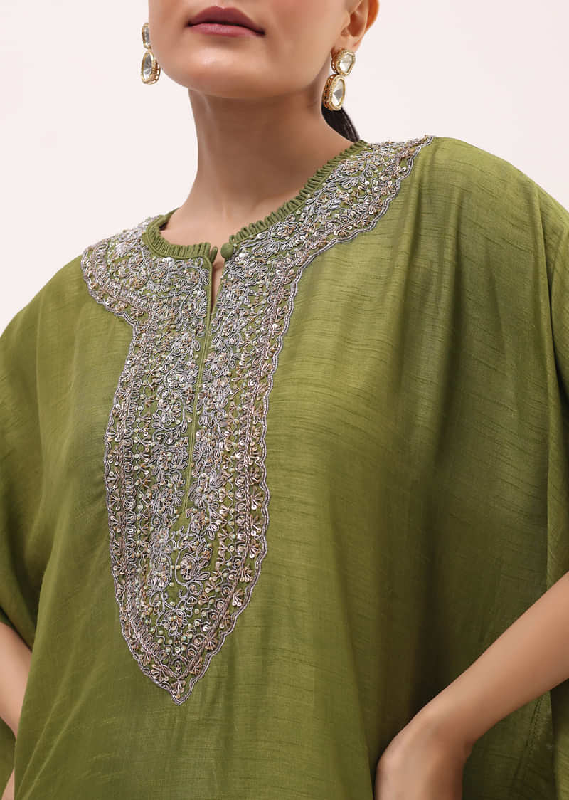 Green Embroidered Kaftaan Kurta Pant Set