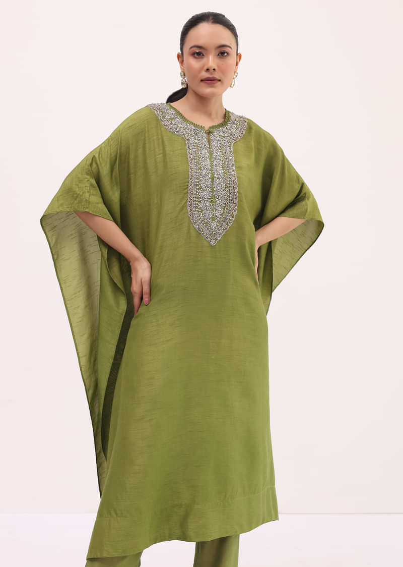 Green Embroidered Kaftaan Kurta Pant Set