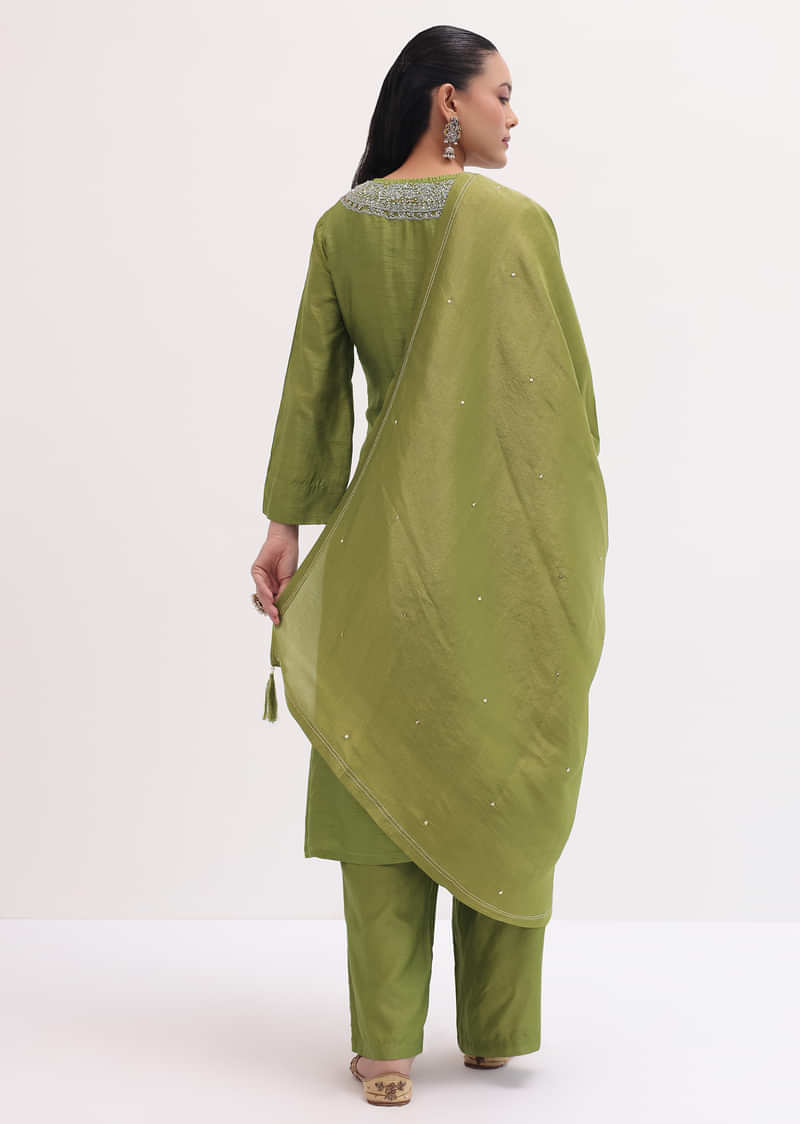 Green Raw Silk Embroidered Kurta Pant Set