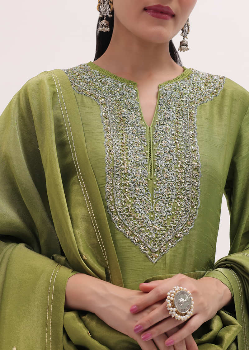 Green Raw Silk Embroidered Kurta Pant Set