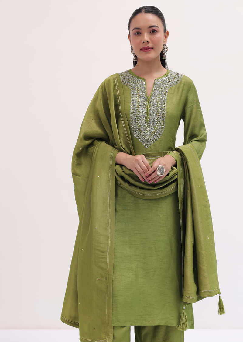 Green Raw Silk Embroidered Kurta Pant Set