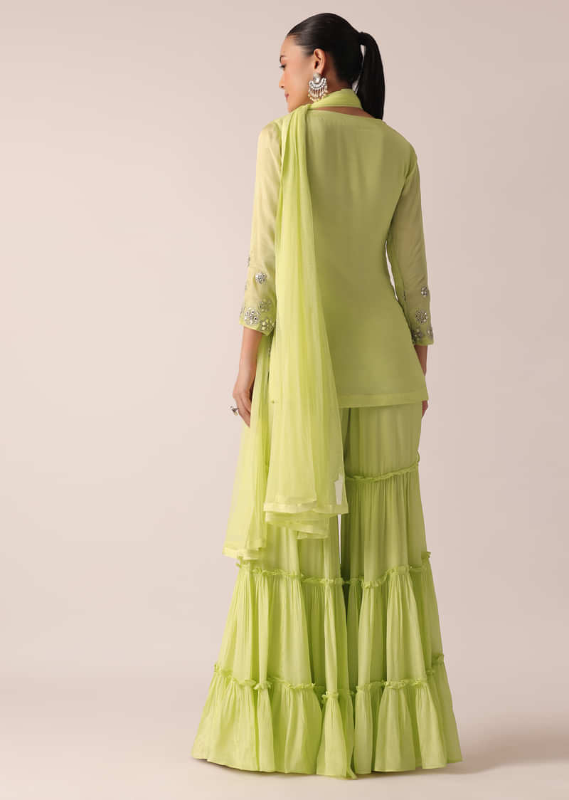 Green Kurta And Tiered Sharara Set