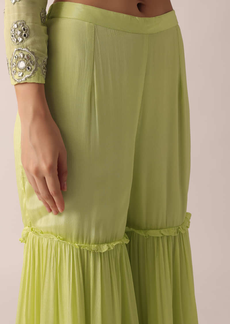 Green Kurta And Tiered Sharara Set