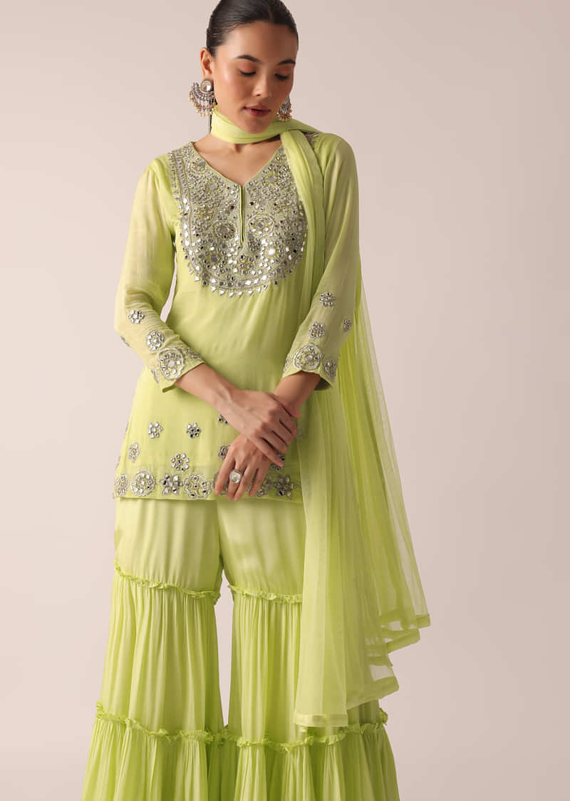 Green Kurta And Tiered Sharara Set