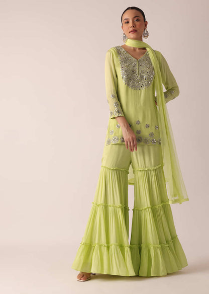 Green Kurta And Tiered Sharara Set