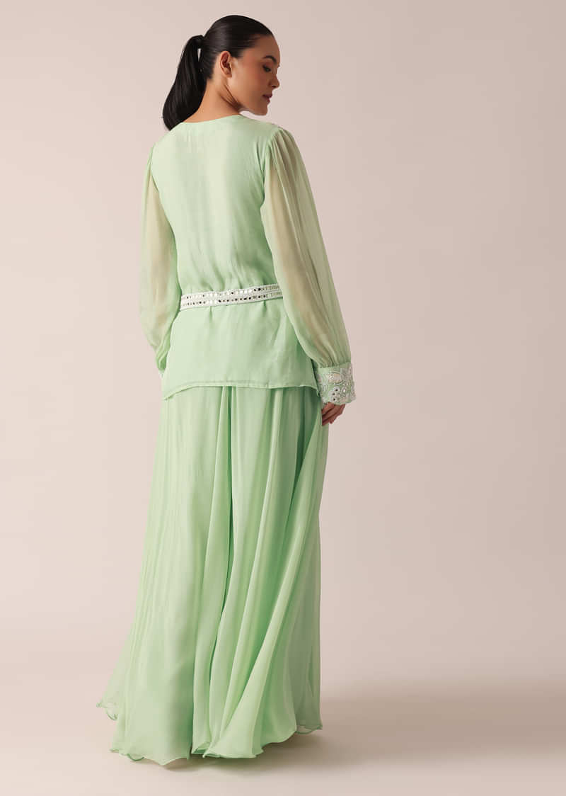 Green Organza Kurta And Palazzo Set With Embroidery And Belt