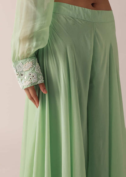 Green Organza Kurta And Palazzo Set With Embroidery And Belt