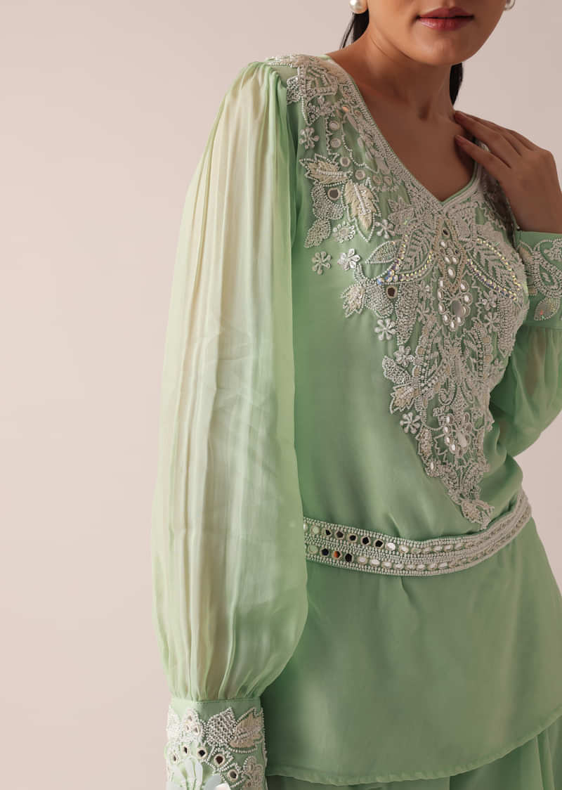 Green Organza Kurta And Palazzo Set With Embroidery And Belt