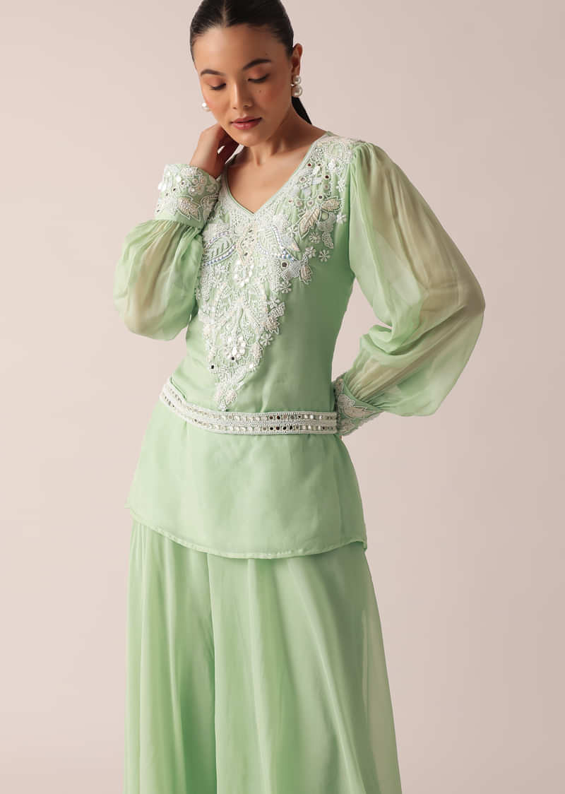 Green Organza Kurta And Palazzo Set With Embroidery And Belt