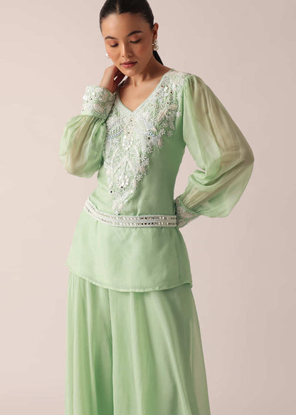 Green Organza Kurta And Palazzo Set With Embroidery And Belt