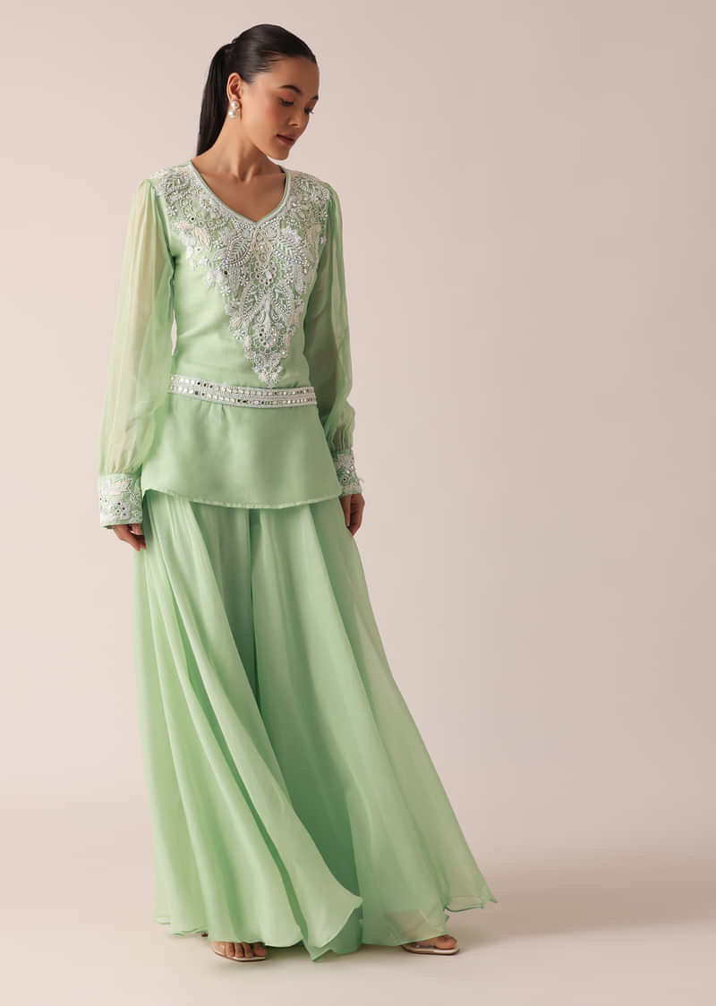 Green Organza Kurta And Palazzo Set With Embroidery And Belt