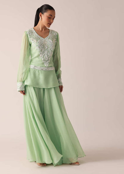 Green Organza Kurta And Palazzo Set With Embroidery And Belt