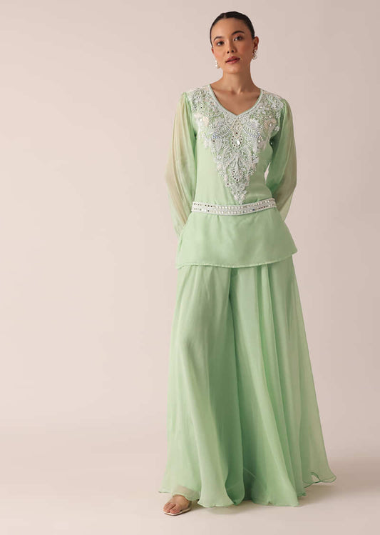 Green Organza Kurta And Palazzo Set With Embroidery And Belt