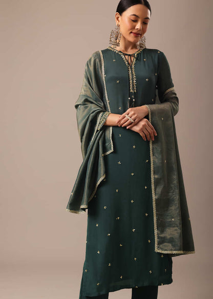 Green Sequin Embellished Kurta Set With Hand Embroidery