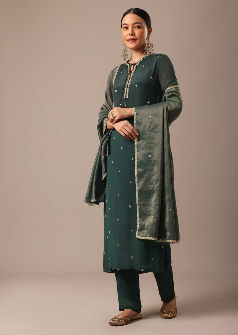 Green Sequin Embellished Kurta Set With Hand Embroidery