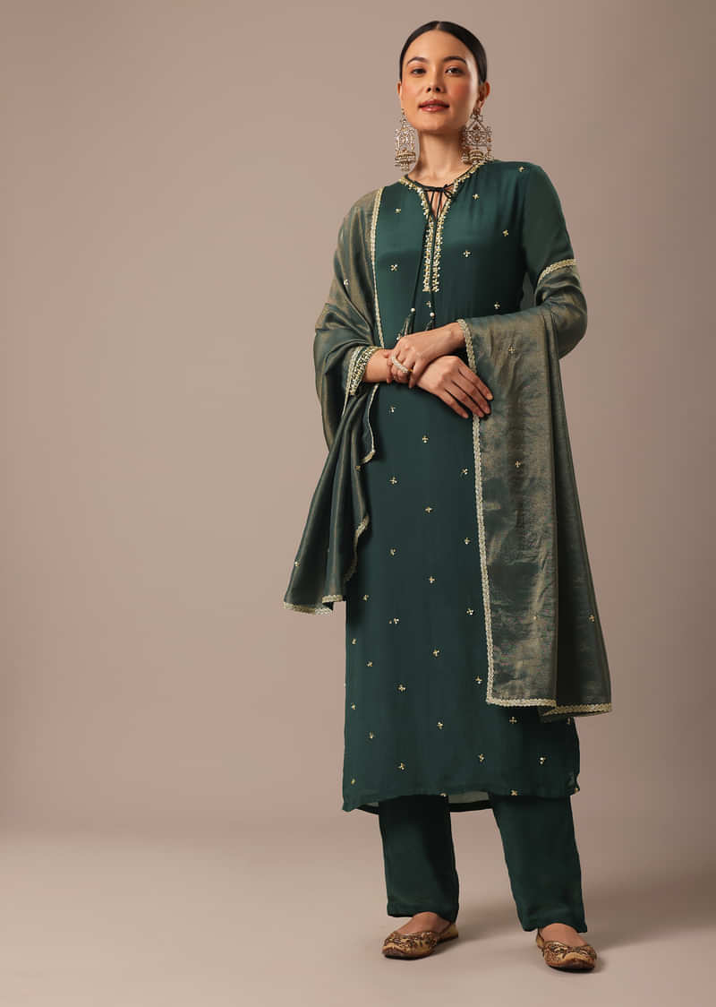 Green Sequin Embellished Kurta Set With Hand Embroidery