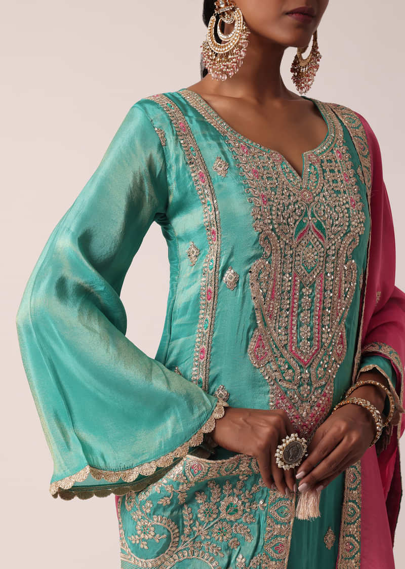 Green Silk Pant Set With Zari Embroidered Kurta