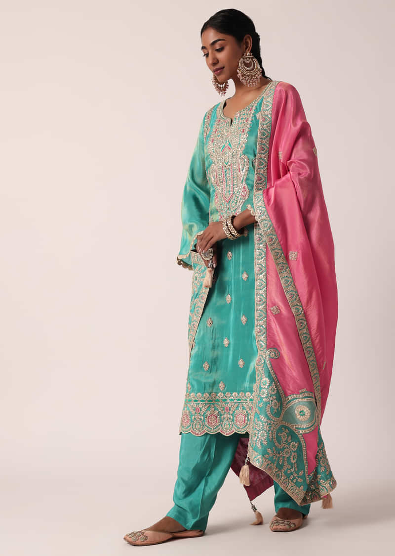 Green Silk Pant Set With Zari Embroidered Kurta