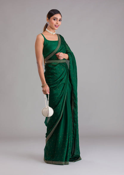 Bottle Green Swarovski Semi Crepe Designer Saree