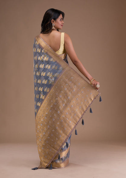 Grey Printed Tissue Saree