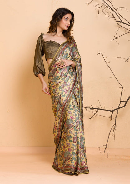 Lemon Yellow Floral Printed Semi Crepe Designer Saree