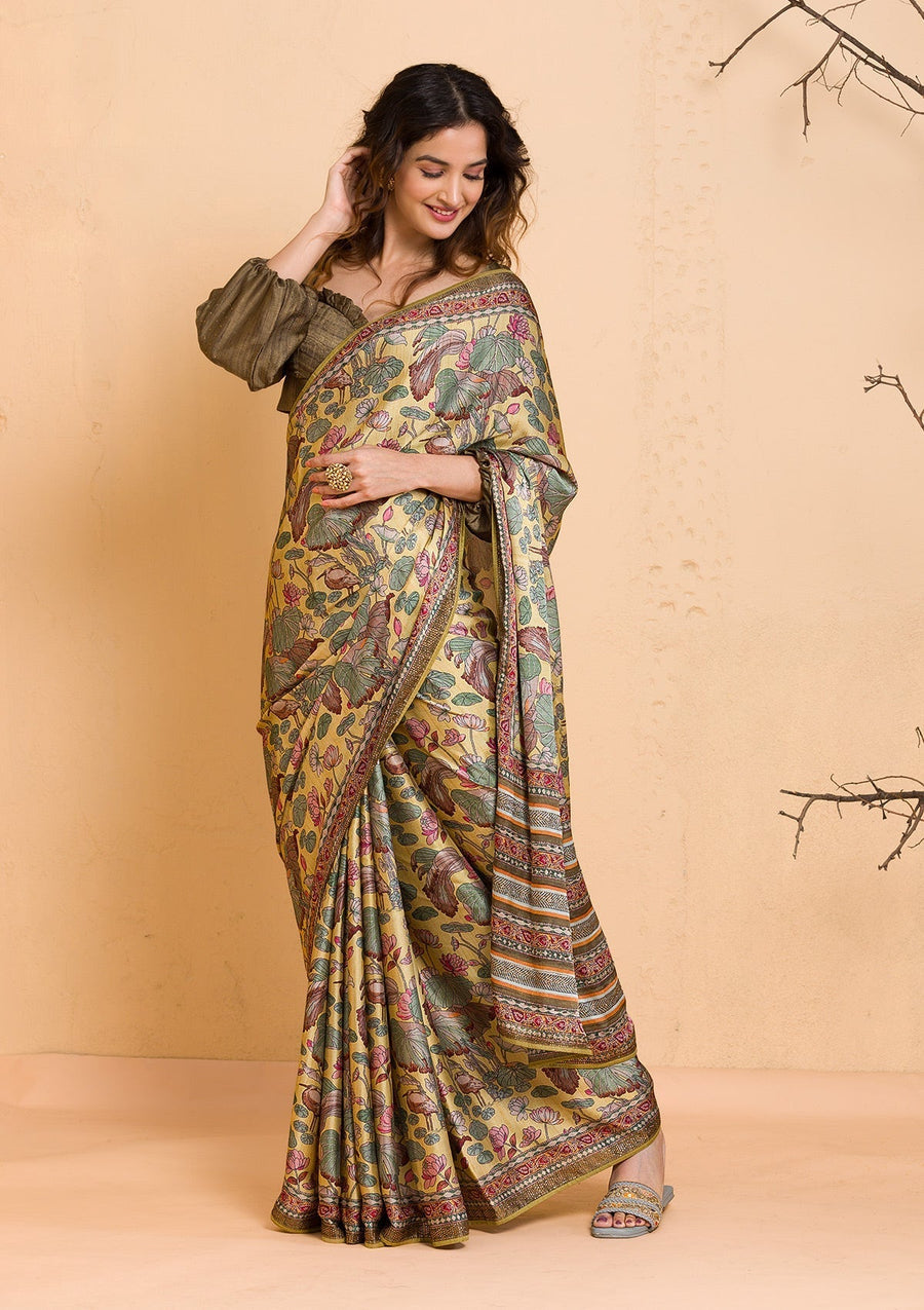 Lemon Yellow Floral Printed Semi Crepe Designer Saree