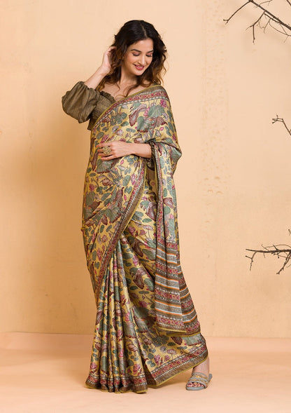 Lemon Yellow Floral Printed Semi Crepe Designer Saree