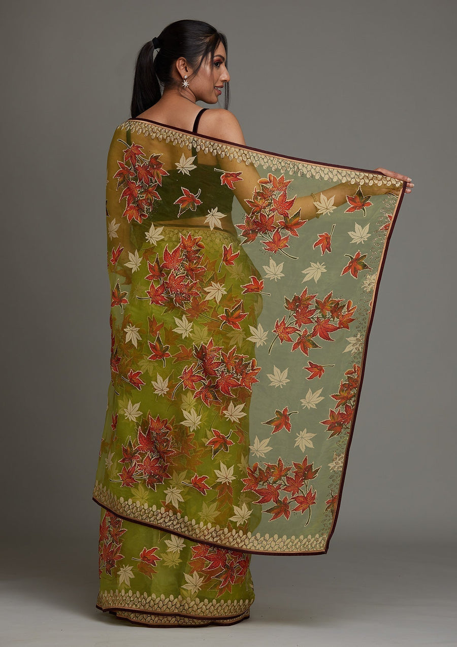 Parrot Green Printed Organza Designer Saree