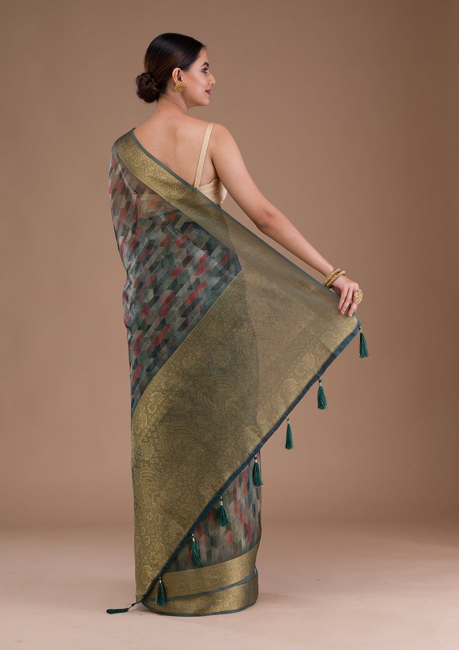 Sea Green Printed Tissue Saree